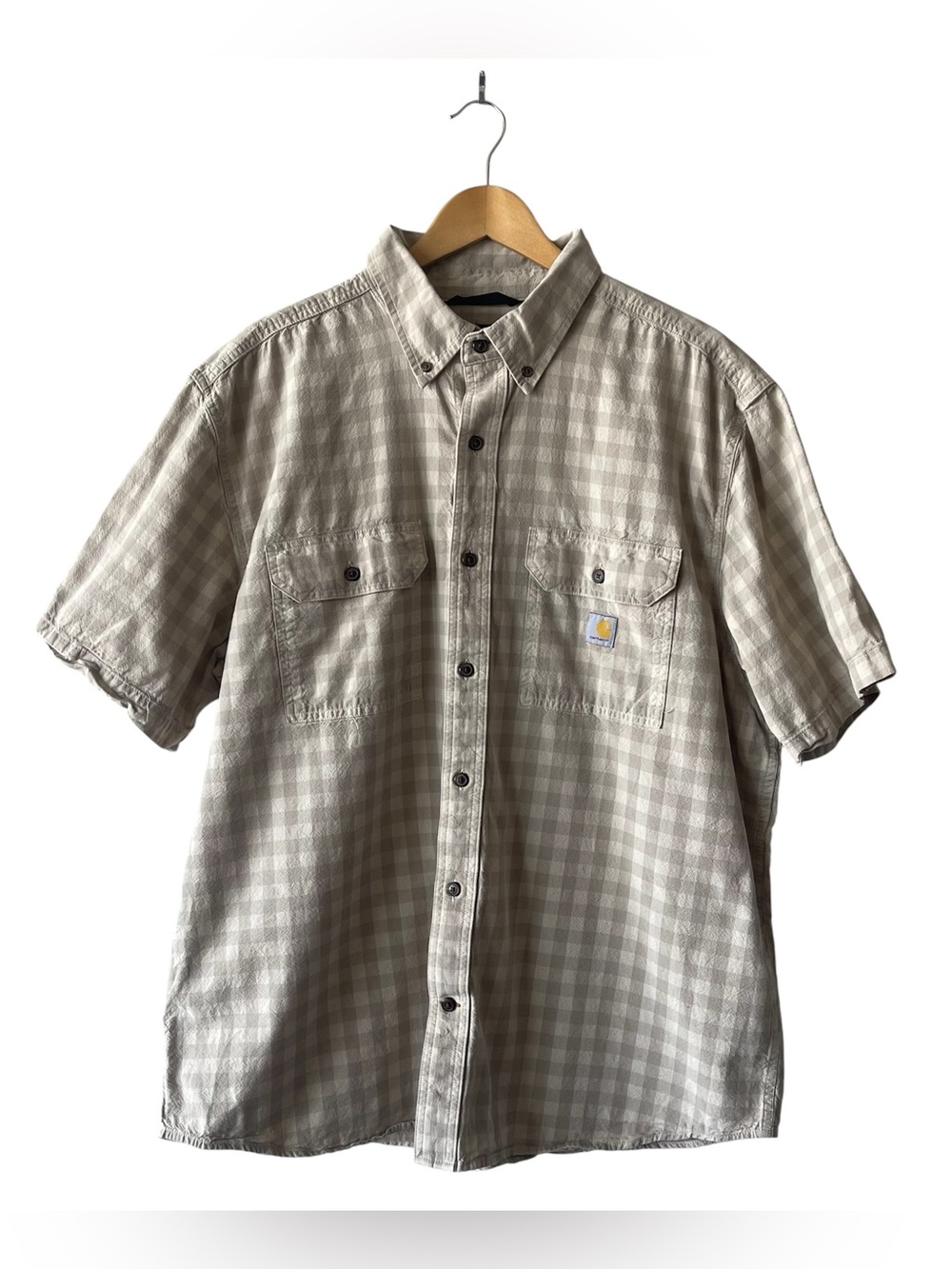 Carhartt Loose Fit Gingham Check Short Sleeve Tan Button Up Shirt XL